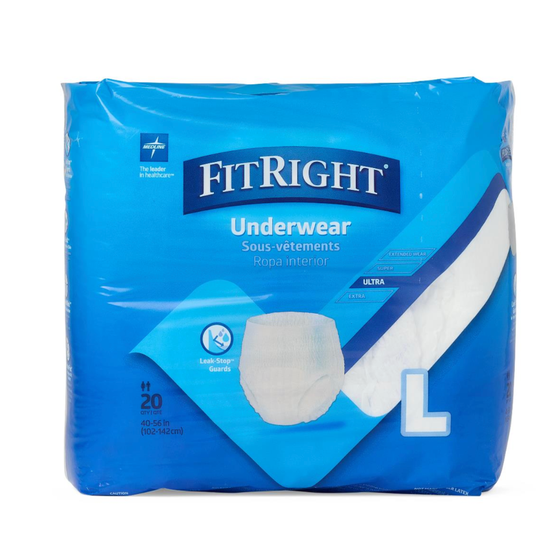 The blue packaging of FitRight Unisex Ultra Adult Pull-Up Underwear, size L, offers moderate absorbency with 20 pieces for waist sizes 40-56 in (102-142 cm). It features a white underwear icon, leak-stop guard label, and text in English, French, and Spanish.